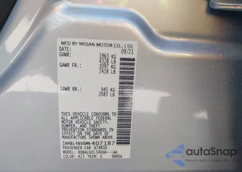 2021 Nissan Altima S Fwd из США, поврежденный, VIN 1N4BL4BV6MN407187